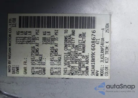 2009 Nissan Pathfinder S from USA, damaged, VIN 5N1AR18B99C608676